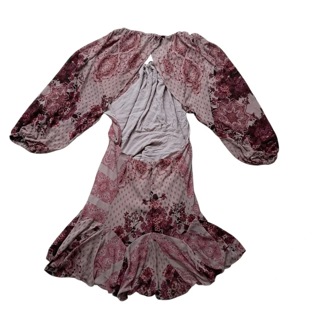 Free People Seven Wonders Mini Dress Women's Large Pink Open Back Long Sleeve